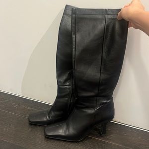 Black leather Knee high square toe lintervalle boot heels